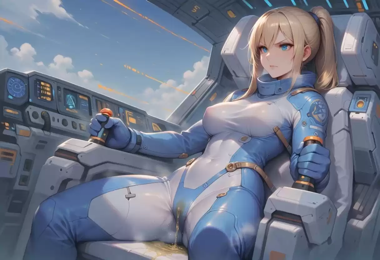真剣な表情で失禁する女エースパイロット