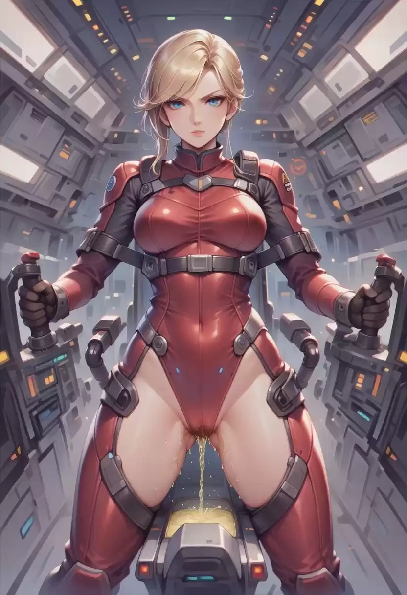 真剣な表情で失禁する女エースパイロット
